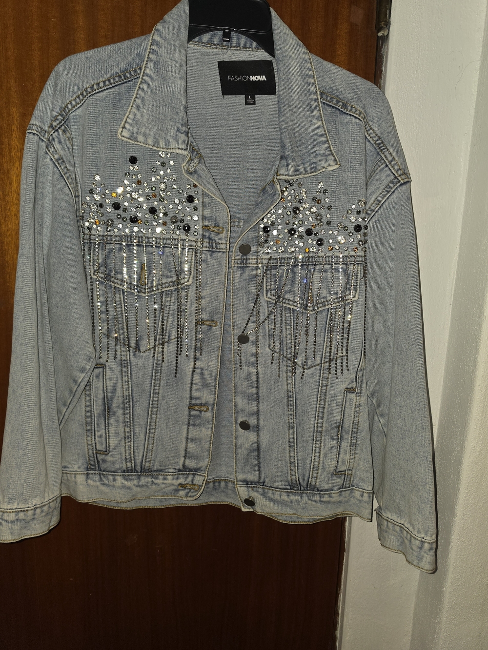 Fashion Nova Light Wash Denim Jacket with Rhinestone Fringe